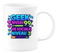 quotedazur - Muggeek niveau 99, vie sociale niveau 3 - Tasse Cadeau Humour Homme - Blanc/Céramique