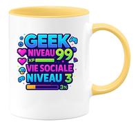 quotedazur - Muggeek niveau 99, vie sociale niveau 3 - Tasse Cadeau Humour Homme - Jaune/Céramique