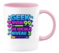 quotedazur - Muggeek niveau 99, vie sociale niveau 3 - Tasse Cadeau Humour Homme - Rose/Céramique