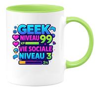 quotedazur - Muggeek niveau 99, vie sociale niveau 3 - Tasse Cadeau Humour Homme - Vert/Céramique