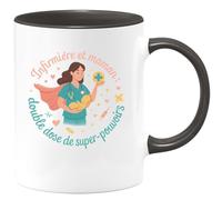 quotedazur - MugInfirmière et maman : double dose de super-pouvoirs - Tasse Cadeau Infirmière Femme - Noir/Céramique