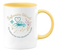 quotedazur - MugInfirmière libérale : ma voiture est mon deuxième bureau - Tasse Cadeau Infirmière Femme - Jaune/Céramique