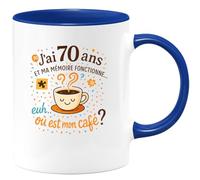 quotedazur - MugJ'ai 70 ans et ma mémoire fonctionne... euh... où est mon café ? - Tasse Cadeau 70 ans Femme - Bleu/Céramique
