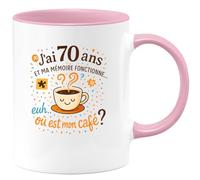 quotedazur - MugJ'ai 70 ans et ma mémoire fonctionne... euh... où est mon café ? - Tasse Cadeau 70 ans Femme - Rose/Céramique