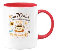 quotedazur - MugJ'ai 70 ans et ma mémoire fonctionne... euh... où est mon café ? - Tasse Cadeau 70 ans Femme - Rouge/Céramique
