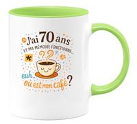 quotedazur - MugJ'ai 70 ans et ma mémoire fonctionne... euh... où est mon café ? - Tasse Cadeau 70 ans Femme - Vert/Céramique