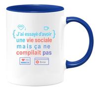 quotedazur - MugJ'ai essayé d'avoir une vie sociale mais ça ne compilait pas - Tasse Cadeau Développeur informatique Homme - Bleu/Céramique