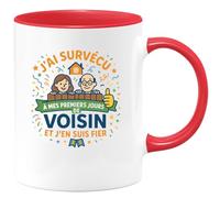 quotedazur - MugJ'ai survécu à mes premiers jours de Voisin et j'en suis fier - Tasse Cadeau Voisin Homme - Rouge/Céramique