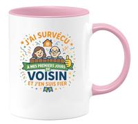 quotedazur - MugJ'ai survécu à mes premiers jours de Voisin et j'en suis fier - Tasse Cadeau Voisin Homme - Rose/Céramique