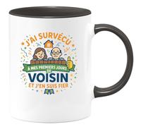 quotedazur - MugJ'ai survécu à mes premiers jours de Voisin et j'en suis fier - Tasse Cadeau Voisin Homme - Noir/Céramique
