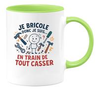 quotedazur - MugJe bricole donc je suis... en train de tout casser - Tasse Cadeau Humour Bricoleur Homme - Vert/Céramique