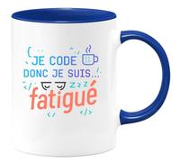 quotedazur - MugJe code donc je suis... fatigué - Tasse Cadeau Développeur informatique Homme - Bleu/Céramique