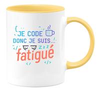 quotedazur - MugJe code donc je suis... fatigué - Tasse Cadeau Développeur informatique Homme - Jaune/Céramique