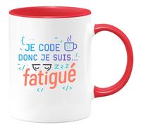 quotedazur - MugJe code donc je suis... fatigué - Tasse Cadeau Développeur informatique Homme - Rouge/Céramique
