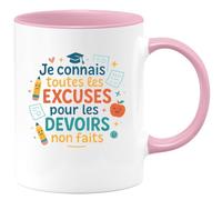 quotedazur - MugJe connais toutes les excuses pour les devoirs non faits - Tasse Cadeau Maître d'école Homme - Rose/Céramique
