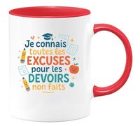 quotedazur - MugJe connais toutes les excuses pour les devoirs non faits - Tasse Cadeau Maître d'école Homme - Rouge/Céramique