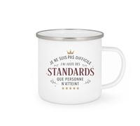 quotedazur - Mugje ne suis pas difficile, j'ai juste des standards que personne n'atteint - Tasse Cadeau Humour Femme - Blanc/Emaillé