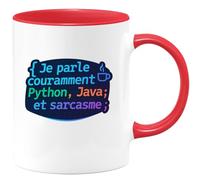 quotedazur - MugJe parle couramment Python, Java et sarcasme - Tasse Cadeau Développeur informatique Homme - Rouge/Céramique