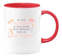 quotedazur - MugJe suis maman, je peux donc tout réparer avec un bisou magique - Tasse Cadeau Maman Femme - Rouge/Céramique