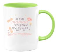 quotedazur - MugJe suis maman, je peux donc tout réparer avec un bisou magique - Tasse Cadeau Maman Femme - Vert/Céramique