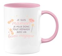 quotedazur - MugJe suis maman, je peux donc tout réparer avec un bisou magique - Tasse Cadeau Maman Femme - Rose/Céramique