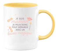 quotedazur - MugJe suis maman, je peux donc tout réparer avec un bisou magique - Tasse Cadeau Maman Femme - Jaune/Céramique