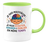 quotedazur - Mugje suis multitâche : je peux écouter, ignorer et oublier en même temps - Tasse Cadeau Humour Femme - Vert/Céramique