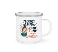quotedazur - Mugj'écoute ma femme... enfin j'essaie - Tasse Cadeau Humour Homme - Blanc/Emaillé