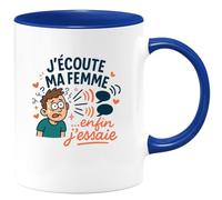 quotedazur - Mugj'écoute ma femme... enfin j'essaie - Tasse Cadeau Humour Homme - Bleu/Céramique