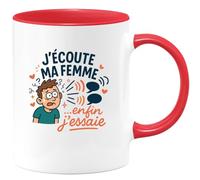 quotedazur - Mugj'écoute ma femme... enfin j'essaie - Tasse Cadeau Humour Homme - Rouge/Céramique