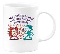 quotedazur - Mugles matins et moi c'est une histoire compliquée - Tasse Cadeau Humour Femme - Blanc/Céramique