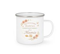 quotedazur - MugLes meilleures histoires commencent toujours chez Mamie - Tasse Cadeau Mamie Femme - Blanc/Emaillé