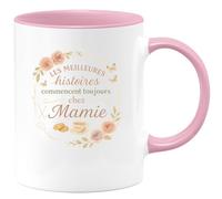 quotedazur - MugLes meilleures histoires commencent toujours chez Mamie - Tasse Cadeau Mamie Femme - Rose/Céramique