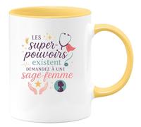 quotedazur - MugLes super-pouvoirs existent, demandez à une sage-femme - Tasse Cadeau Sage Femme Femme - Jaune/Céramique