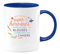 quotedazur - MugLes vraies super-héroïnes portent des blouses et corrigent des cahiers - Tasse Cadeau Maîtresse Femme - Bleu/Céramique