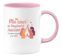 quotedazur - MugMa sœur a toujours raison (surtout quand j'ai tort) - Tasse Cadeau Soeur Femme - Rose/Céramique