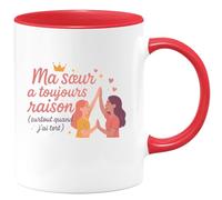 quotedazur - MugMa sœur a toujours raison (surtout quand j'ai tort) - Tasse Cadeau Soeur Femme - Rouge/Céramique