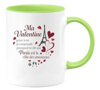 quotedazur - MugMa Valentine, grâce à toi je comprends pourquoi on dit que Paris est la ville des amoureux - Tasse Cadeau Amour, Saint-Valentin, Couple Femme - Vert/Céramique