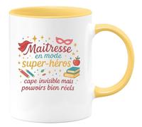 quotedazur - MugMaîtresse en mode super-héros : cape invisible mais pouvoirs bien réels - Tasse Cadeau Maîtresse Femme - Jaune/Céramique