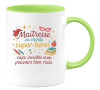 quotedazur - MugMaîtresse en mode super-héros : cape invisible mais pouvoirs bien réels - Tasse Cadeau Maîtresse Femme - Vert/Céramique