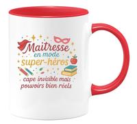 quotedazur - MugMaîtresse en mode super-héros : cape invisible mais pouvoirs bien réels - Tasse Cadeau Maîtresse Femme - Rouge/Céramique