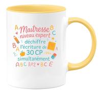 quotedazur - MugMaîtresse niveau expert : déchiffre l'écriture de 30 CP simultanément - Tasse Cadeau Maîtresse Femme - Jaune/Céramique