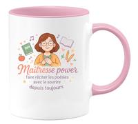 quotedazur - MugMaîtresse power : faire réciter les poésies avec le sourire depuis toujours - Tasse Cadeau Maîtresse Femme - Rose/Céramique