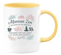 quotedazur - MugMaman Zen recherche sa sérénité, dernière fois vue avant le réveil des enfants - Tasse Cadeau Maman Zen Femme - Jaune/Céramique