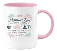 quotedazur - MugMaman Zen recherche sa sérénité, dernière fois vue avant le réveil des enfants - Tasse Cadeau Maman Zen Femme - Rose/Céramique