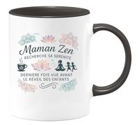 quotedazur - MugMaman Zen recherche sa sérénité, dernière fois vue avant le réveil des enfants - Tasse Cadeau Maman Zen Femme - Noir/Céramique
