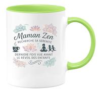 quotedazur - MugMaman Zen recherche sa sérénité, dernière fois vue avant le réveil des enfants - Tasse Cadeau Maman Zen Femme - Vert/Céramique