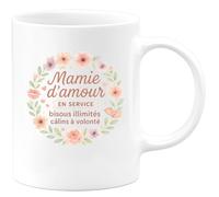 quotedazur - MugMamie d'amour en service : bisous illimités, câlins à volonté - Tasse Cadeau Mamie Femme - Blanc/Céramique