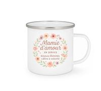 quotedazur - MugMamie d'amour en service : bisous illimités, câlins à volonté - Tasse Cadeau Mamie Femme - Blanc/Emaillé