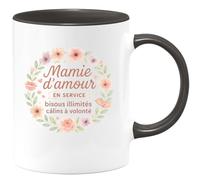 quotedazur - MugMamie d'amour en service : bisous illimités, câlins à volonté - Tasse Cadeau Mamie Femme - Noir/Céramique